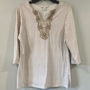 Coldwater Creek Cream and Brown Patterned Tunic size M embroidered 100% cotton